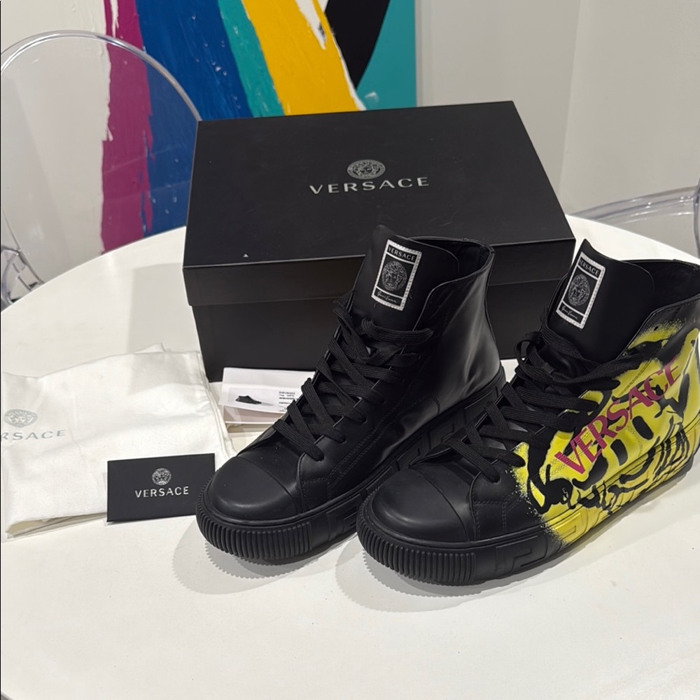 Versace Authentic Black Nero + Yellow High-Top Sneakers Vitello+Stampa Smile 45